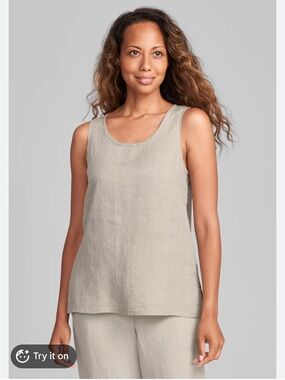 FLAX Fundamental 100% Linen Tank Top P Taupe Relaxed Fit Lagenlook Minimalist